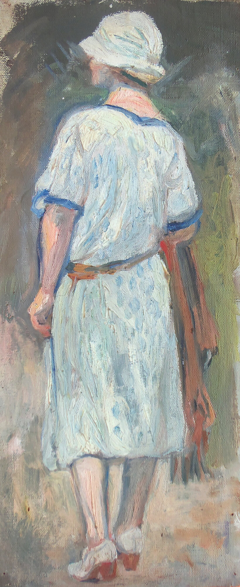 Dernier portrait de la série d'huiles sur toile représentant Jeanne L'Enfant. Chapeau blanc et ceinture marron cette fois. Le foulard aurait-il disparu?