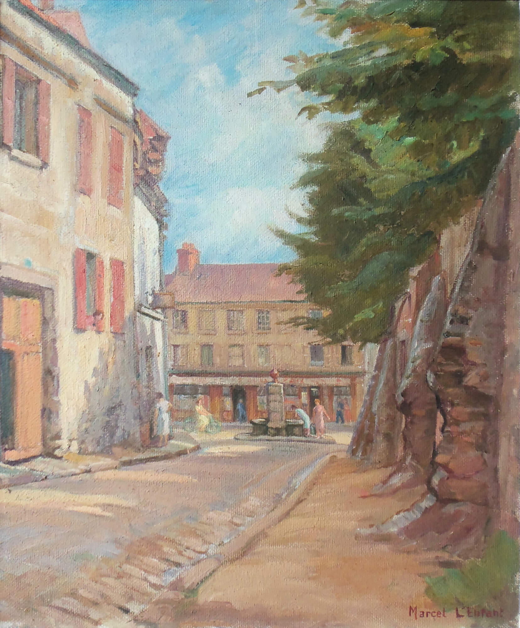 Huile sur toile représentant la rue de Cormeilles à Franconville, et le puit de la Barre.
