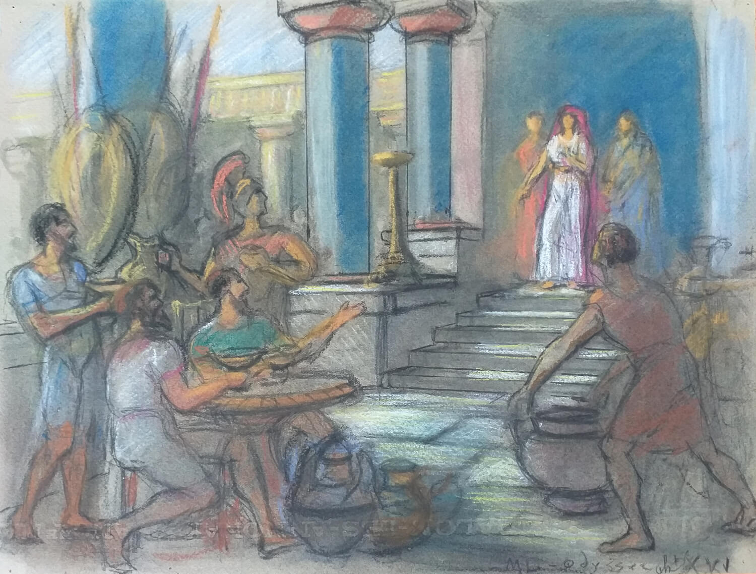 Les retrouvailles d'Ulysse et Télémaque chez Eumée. Télémaque est la figure blanche en haut des marches, et Ulysse le personnage qui se trouve à gauche derrière les gens attablés, et qui porte un casque.