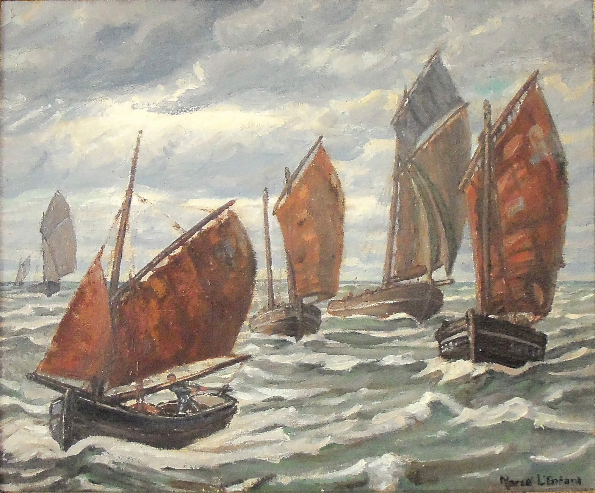Cette toile représente des chalutiers de pêcheurs bretons sur des flots tumultueux.