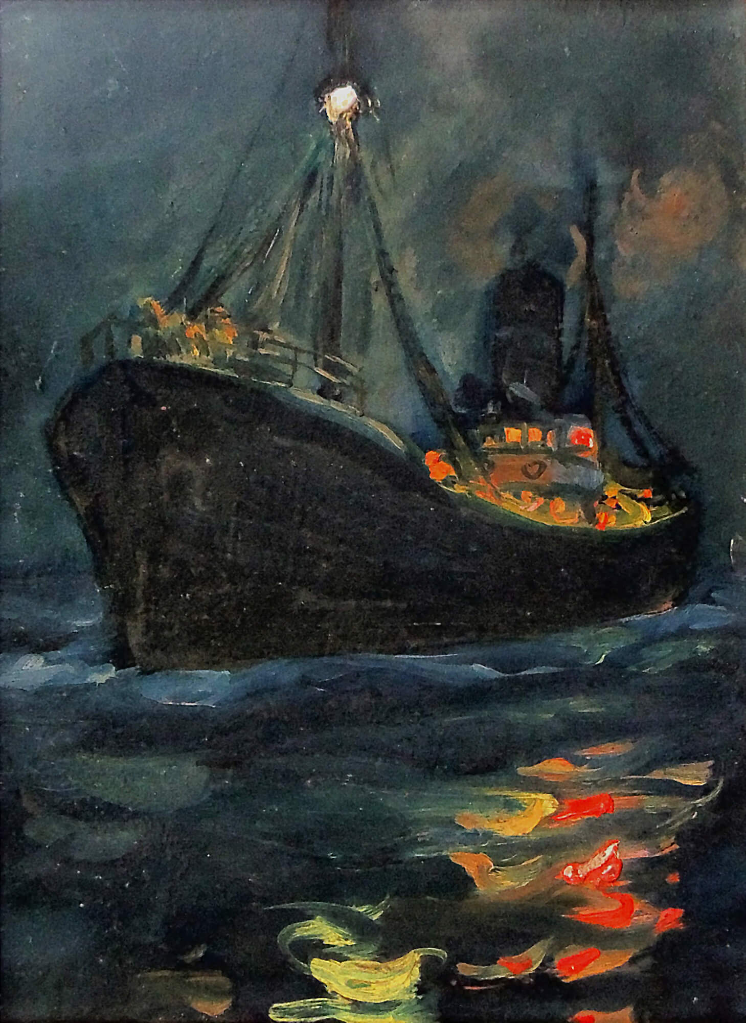 Une scène croquée depuis une barque, au large de Boulogne-Sur-Mer. Elle précède sans doute une peinture qui représente le même remorqueur, mais à l'aube.