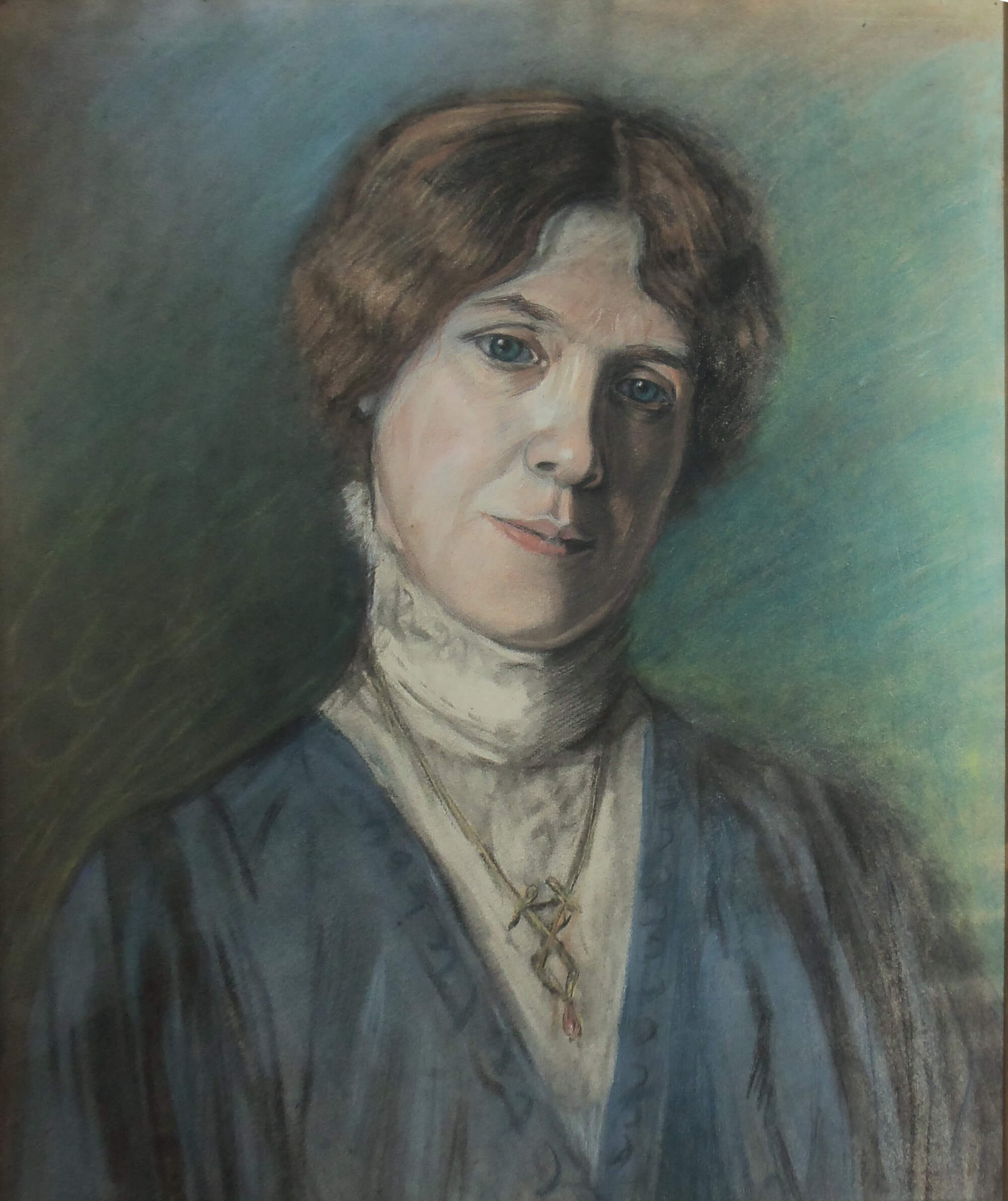 Gouache représentant Jeanne Baudin, épouse du peintre, sur fond vert émeraude