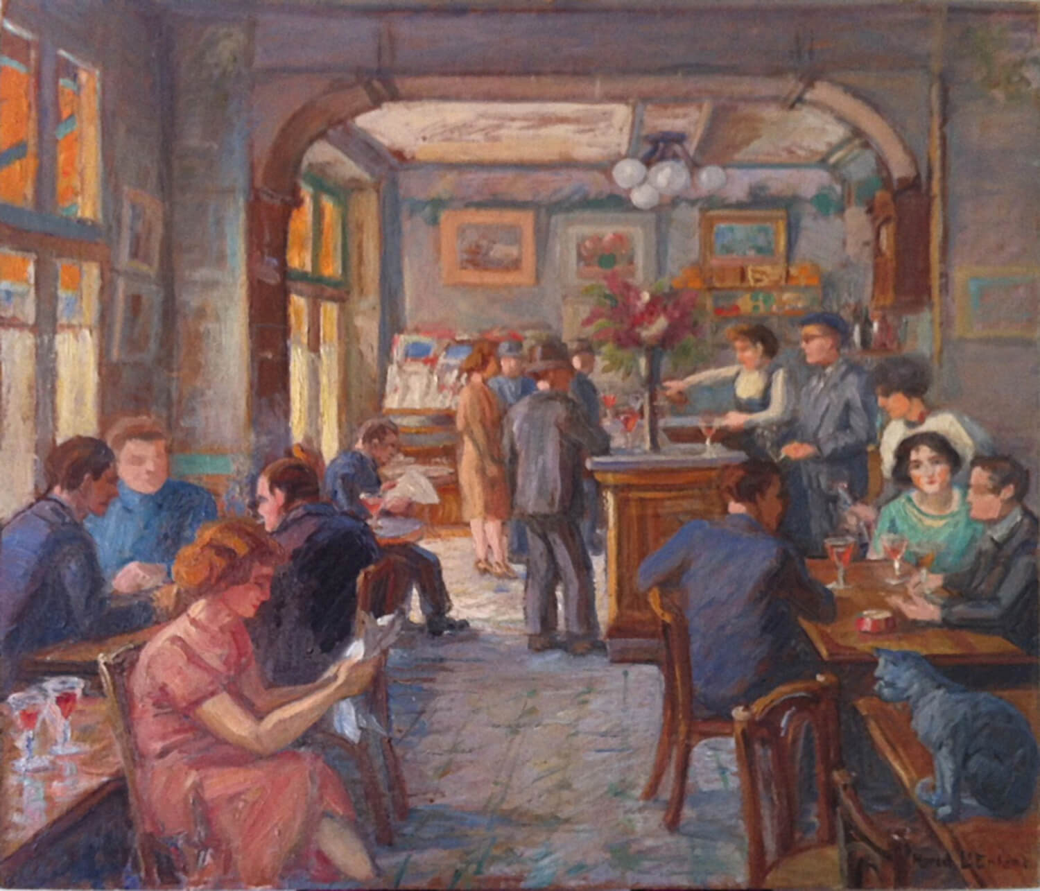 Huile sur panneau représentant l'intérieur du café du Pont de la gare de Cernay à Ermont vers 1950, par Marcel L'Enfant