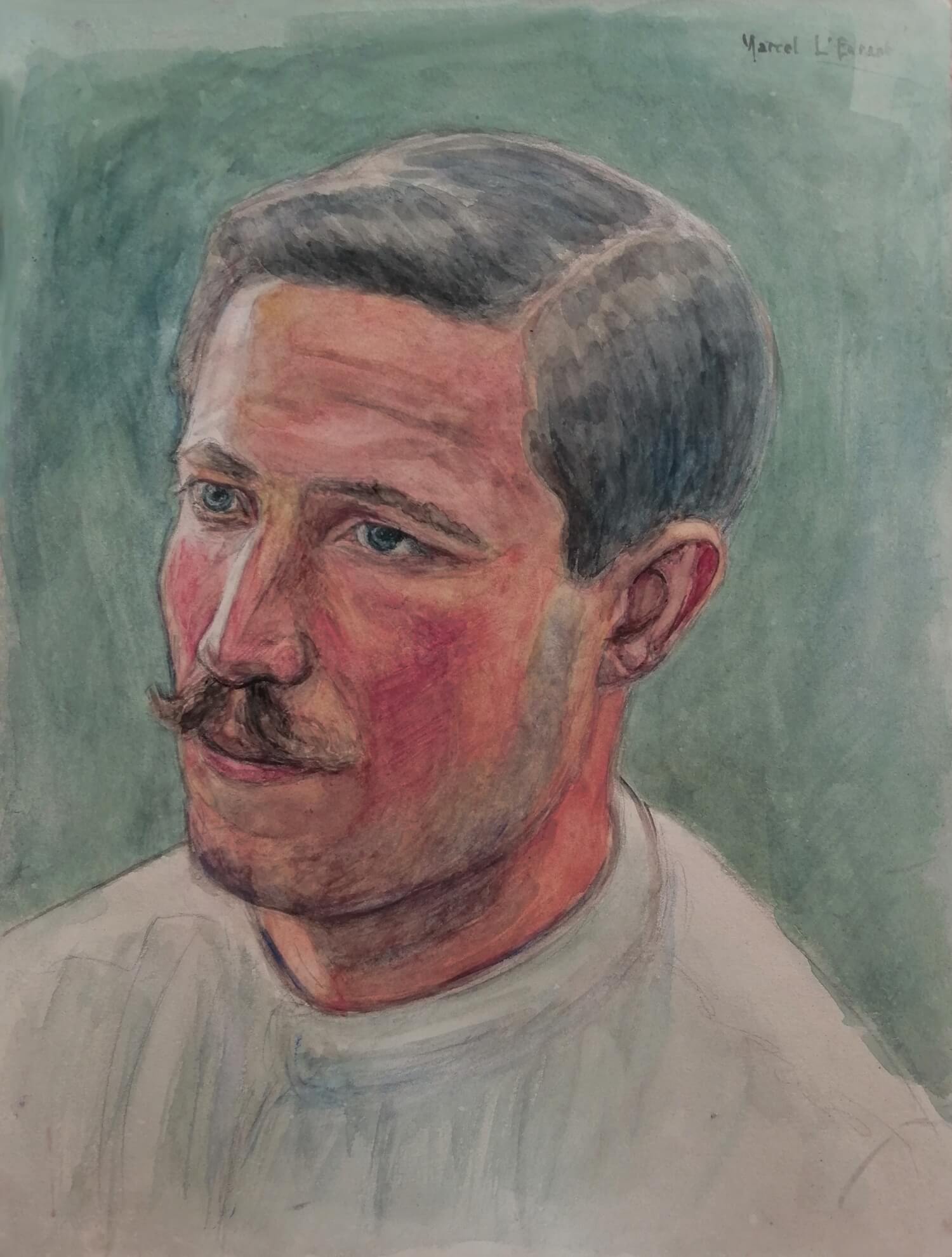 Portrait réalisé par Marcel L'Enfant dans un hôpital militaire le 18 Septembre 1916. Un blessé brûlé au visage? Un infirmier ou médecin (blouse blanche)?