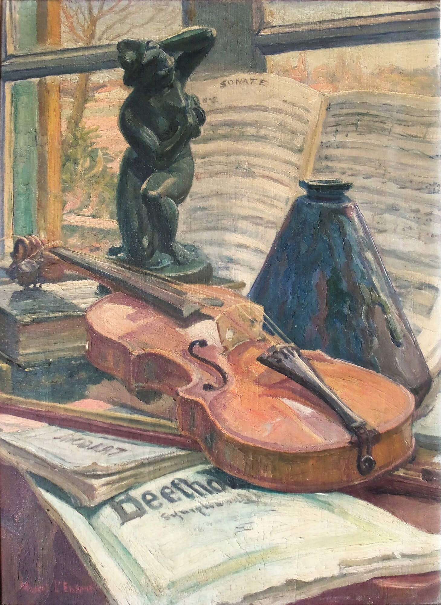 Le peintre avait-il un violon d'Ingres? Une composition toute en musique qui représente un morceau de l'intérieur de son atelier, Chaussée Jules César à Franconville.